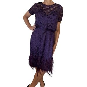 THEIA Purple Lace Dress 12 Ostrich Feathers Archive Cocktail Party Flapper Retro